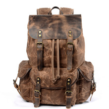 Large Capacity Travel Waterproof Backpack Men Vintage Casual Wax Canvas School Bookbag High Quality Cowskin Belt String Rucksack 2024 - buy cheap