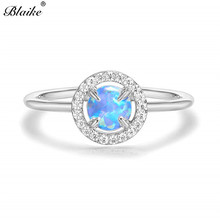 Anel de cristal na cor prata bloqueado para mulheres, anel reutilizável de pedra azul redonda de opala de fogo, joias da moda 2024 - compre barato