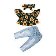 Летняя одежда для маленьких девочек летняя одежда для маленьких девочек топы с подсолнухами + рваные джинсовые штаны комплекты из 2 предметов 2024 - купить недорого