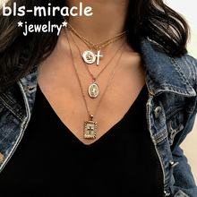 Boho Virgin Mary Cross Pendant Choker Necklaces For Women Square Iron Portrait Coin Multi-layer Long Necklace Statement Jewelry 2024 - buy cheap