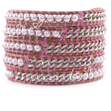 LOTUS MANN ROSE PEARL CHAIN WRAP BRACELET ON NATURAL BROWN LEATHER 2024 - buy cheap