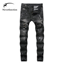 Модные брендовые мужские облегающие прямые потрепанные черные джинсы в стиле хип-хоп, мужские винтажные хлопковые рваные джинсы в байкерском стиле 2024 - купить недорого
