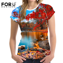 FORUDESIGNS-Camisetas Básicas de verano para mujer, ropa con estampado de árboles y paisajes de otoño en 3D 2024 - compra barato