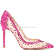 Lançamento de sapatos rosa bege brilhantes brilhantes cristal enfeitado sapato de casamento sapato de ponta fina com malha rasa brilhante 2024 - compre barato