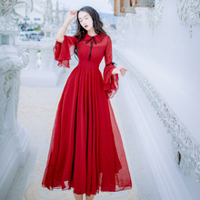 Acetinbu vestido longo maxi chiffon feminino, vestido solto manga longa estampa pontilhada vermelho estilo boho moda verão 2024 - compre barato