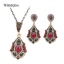 2 Pcs/lot Vintage Indian Jewelry Sets Luxury Ethnic Red Stone Crystal Pendant Necklace Earrings For Women Bohemian Accessories 2024 - buy cheap