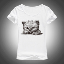 Camiseta de algodão casual feminina da moda, camiseta para mulheres, estampa 3d de gato, gola em o, manga curta, da moda, gatinho, f48, 2017 2024 - compre barato