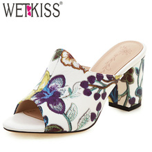 WETKISS Print Cow Leather Slippers Women Summer 2019 New Women Slides Shoes Female High Heels Mules Shoes Peep Toe Shoes Lady 2024 - buy cheap