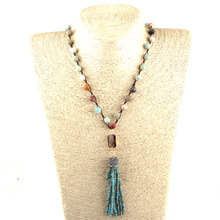 Fashion Blue Amazonite Stone Weave Bohemian Jewelry Brown Crystal link Blue Crystal Tassel Necklace 2024 - buy cheap
