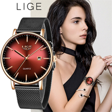 LIGE женские часы лучший бренд класса люкс, женские ультратонкие часы с сетчатым ремешком, креативные водонепроницаемые кварцевые часы с красным циферблатом 2024 - купить недорого