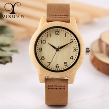 Relojes creativos de madera de bambú para mujer, reloj de pulsera de cuarzo con números árabes, cuero genuino, saat 2020 2024 - compra barato