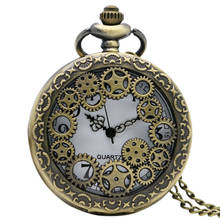 Vintage Bronze Hollow Gears Case Quartz Pocket Watch Men Women Necklace Pendant with Chain Clock reloj de bolsillo Gifts P382 2024 - buy cheap