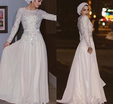 Silver Muslim Evening Dresses A-line Long Sleeves Chiffon Beaded Sparkle Islamic Dubai Saudi Arabic Long Evening Gown Prom 2024 - buy cheap
