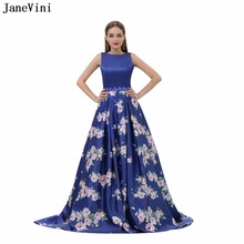 JaneVini Gorgeous Beaded Floral Print Long Bridesmaid Dresses Scoop Neck Backless Satin A Line Prom Dress Sweep Train Damigella 2024 - buy cheap