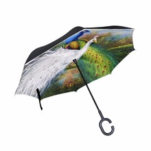 Paraguas inverso con pavo real blanco y Pavo real verde, sombrilla de doble capa, protección contra la lluvia y el viento, creativa y personalizada 2024 - compra barato