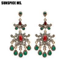 SUNSPICEMS Vintage Turkish Full Rhinestone Long Dangle Earrings for Women Ethnic Wedding Jewelry Indian Bridal Gift Wholesale 2024 - buy cheap