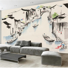 Custom wallpaper 3d mural new Chinese ink emblem sent horse head mural Jiangnan water town ink bamboo rhyme background wallpaper 2024 - buy cheap