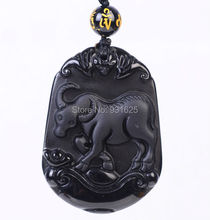 Fahion Jewelry Genuine Natural Black Obsidian Carved Chinese Zodiac Second OX Lucky Amulet Pendant Free Necklace 2024 - buy cheap