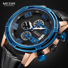 Megir relógio esportivo masculino de quartzo, com pulseira de couro, cronógrafo para homens, relogios masculinos militares do exército 2078 azul 2024 - compre barato