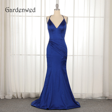 Gardenwed novo azul sereia vestido de noite elegante v pescoço halter backless cetim vestidos de ocasião para mulher 2024 - compre barato