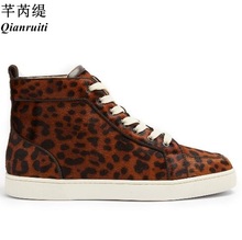 Qianruiti Men's Horsehair Sneakers Leopard Prints High Top Shoes Round Toe Flats Lace Up Shoes Men Sexy Smoking Shoes Trainers 2024 - buy cheap