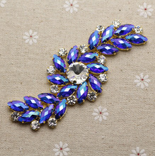 10.3*4.2cm sparkling glass blue AB rhinestone applique Gold Base DIY wedding evening dress shoulder Chain sewing decoration 2024 - buy cheap