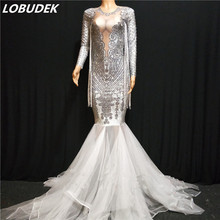 Female Luxury Stage Costume Silver Rhinestones Tassels Voile Trailing Dress Crystals Long Sleeve Long Dress Party Show Dresses 2024 - buy cheap