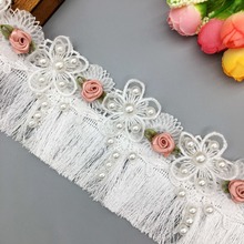 1 yd branco pérola pérola contas flor rosa renda guarnição borla bordado fita aplique patches tecido vestido de casamento costura artesanato 2024 - compre barato