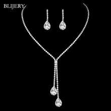 BLIJERY-Conjunto de collar y pendientes largos de gota de agua de cristal para mujer, Color plateado, conjunto de joyería nupcial para dama de honor, boda 2024 - compra barato