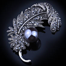 Imitation Pearl Jewelry Black Gun Plated Feather Brooches for Women Scarf Dress Accessory Vintage Rhinestones Brooch pins 2024 - buy cheap