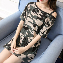 2021 Summer New Women Sling Bottoming Short Sleeve Camouflage Print Off Shoulder T Shirt Dress Casual Loose Straight Mini Dress 2024 - buy cheap