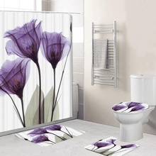 LANGRIA 4pcs Bathroom Shower Curtain Flower Print Durable Waterproof Bath Curtain Set Toilet Cover Mat Non-Slip Bathroom Rug Set 2024 - buy cheap