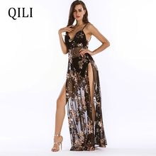 QILI Bohemian Women Sequin Dress Sexy See Through Mesh Voile High Split Long Maxi Dresses Evening Party Club Dress 2024 - buy cheap