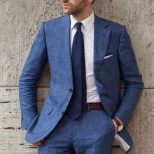 New Arrival Designs Blue Beach Linen Men Suit Slim Fit 2 Piece Tuxedo Custom Blazer Groom Prom Suits Masculino Jacket+Pant 2024 - buy cheap