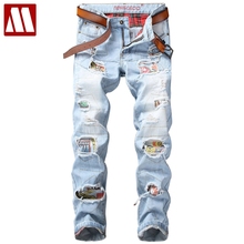 Pantalones vaqueros elásticos para hombre, diseño roto, con insignia de retales, ajustados, con agujeros, de algodón 2024 - compra barato
