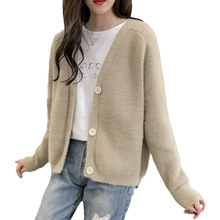 latest Women v-neck long-sleeved sweater spring and autumn pure wool knitted cardigan women's single row button 2024 - buy cheap