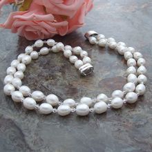 Hand knotted beautiful natural 2 row rice 7-8mm fresh water pearl glass crystal 45-48cm necklace fashion jewelry 2024 - buy cheap