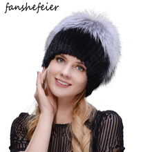 Fanshefeier brand new women's fur hat Women winter mink Beanies real knitted mink silver fox fur caps female warm beanies hat 2024 - buy cheap