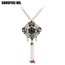 Luxury Boho Vintage Round Flower Beads Pendant Necklaces For Women Ethnic Wedding Jewelry Natural Stone Long Sweater Chain 2018 2024 - buy cheap