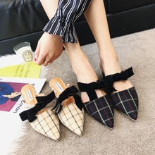 Dropshipping Brand 2018 Autumn Genuine Leather Bowknot Pointed Toe Flat Woman Slippers Slip on Butterfly Loafers Mules Flip Flop 2024 - buy cheap