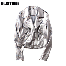 Novo 2020 prata plutônio jaqueta de couro moda primavera outono curto turn-down colarinho macio sólida jaqueta feminina com cinto de alta qualidade 2024 - compre barato