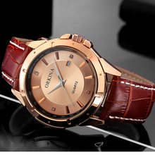 Orkina ouro rosa dos homens relógios marca superior luxo casual relógio masculino quartzo analógico relógios de pulso pulseira couro marrom herren horloges 2024 - compre barato