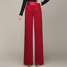 Calça feminina de cintura alta com bordado, calça casual vermelha e preta com pernas largas da moda para primavera e verão, outono 2018 2024 - compre barato