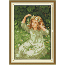 Joy Sunday The Girl With Garland Chinese Cross Stitch Kits Ecological Cotton Clear Printed 14CT 11CT DIY Gift Wedding Decoration 2024 - buy cheap