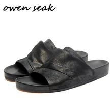 Owen Seak-Chanclas de cuero romano para mujer, zapatos informales de lujo para exteriores, Sandalias planas de verano, color negro 2024 - compra barato