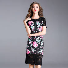 Women Spring Pencil Dress Office Ladies Hollow Out Lace Patchwork Floral Print Red Black Dress Short Sleeve Empire Slim Dress 2024 - buy cheap