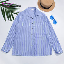 Flowomen Casual Blue Striped Shirt Blouse Women Loose Long Sleeve Shirts Fashion Ladies Large Size Blouses Sexy Clothing 2024 - buy cheap