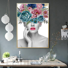 Moda bela mulher retrato e flor quadros em tela parede quadros da arte do cartaz impressão para sala de estar decoração casa 2024 - compre barato