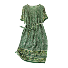 Women Summer Silk Dress O neck plus size Vintage Natural silk dresses Green Elegant Dress Casual holiday real silk dress 2024 - buy cheap