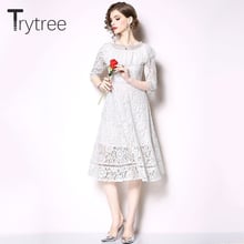 Trytree 2020 Summer women Casual Dress Floral Lace dresses Half sleeve O-Neck A-Line Knee-Length White Silky Polyester Dress 2024 - buy cheap